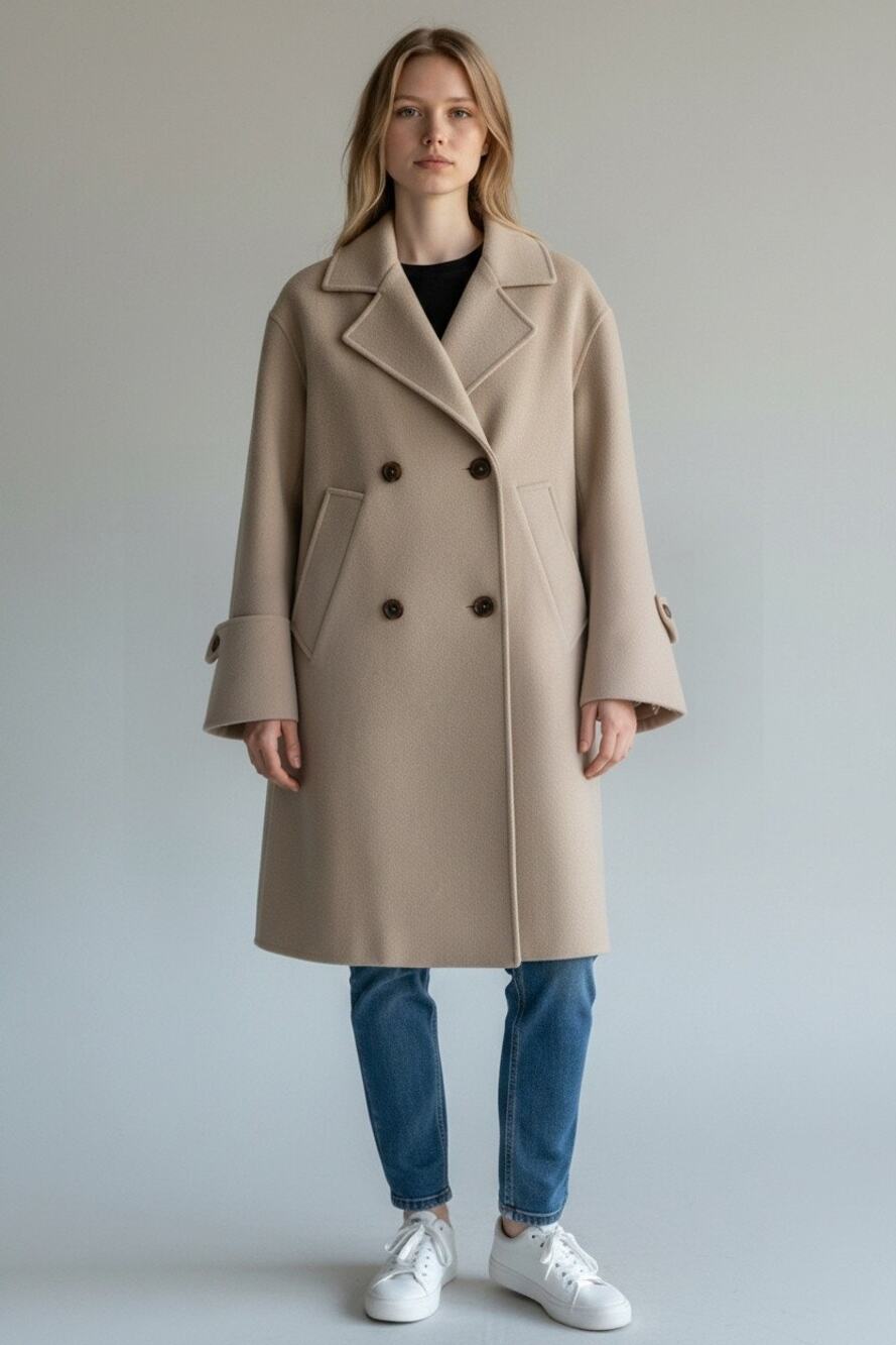 VTG Anne Marie Beretta Overcoat Womens L Beige Wool Double-Breasted Notch Lapel